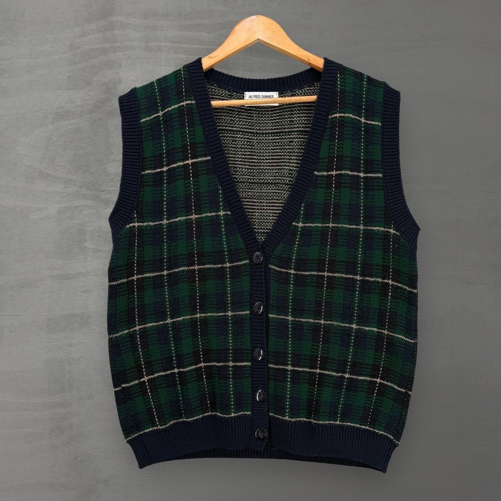 Vintage Alfred Dunner Retri Sweater Vest Green Plaid Cardigan Knit V-Neck Large
